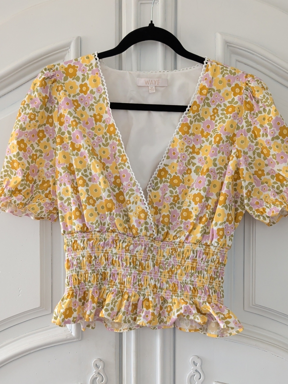 Wayf Yellow Floral Smocked V-Neck Blouse
